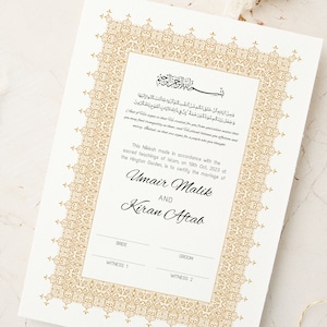 Gold Nikkah Certificate Islamic Wedding Contract Muslim Marriage Certificate Custom Nikahnama Wedding Contract Digital Nikkah nama Golden