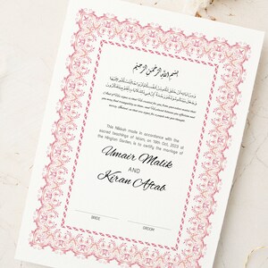 Pink NIKKAH Wedding Certificate Islamic Wedding Contract Template Muslim Marriage Certificate Custom Nikkahnama Nikkah Certificate