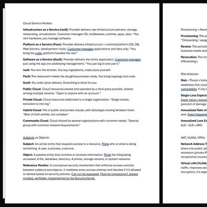 May include: Two-page document with text about cloud service models, including IaaS, PaaS, and SaaS, and risk analysis terms like SLE and ALE. The text is in black font on a white background.