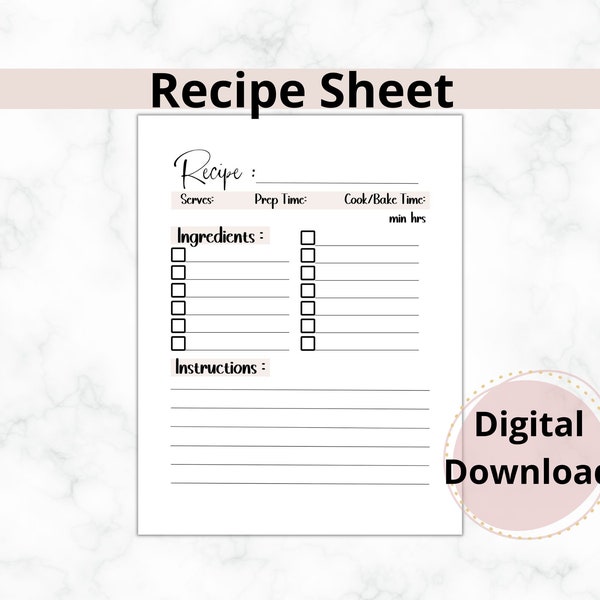 Recipe Template Printable | Blank Recipe Sheet | Recipe Planner | 8.5 x 11 in | Printable Recipe Page