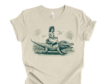 Girl Riding an Alligator Shirt, Weird Graphic T Shirt for Men Woman, Retro Vintage Style, Cute and Funny Graphic Tee, Original Unique Design