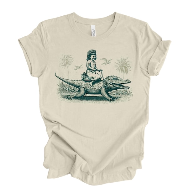 Girl Riding an Alligator Shirt, Weird Graphic T Shirt for Men Woman, Retro Vintage Style, Cute and Funny Graphic Tee, Original Unique Design