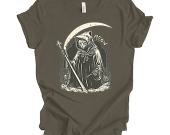 Grim Reaper Cat Shirt, Weird Cat T Shirt, Unique Dark Graphic Tee, Gift for Him, Gift for Her, Cat Lover, Animal Lover, Dark Humor Meow