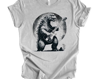 Funny Guitar T Shirt Dinosaur Playing Guitar Shirt Vintage style 90's Tee Acoustic Electric Bass Guitar Player Gift for Men Woman Rock Band