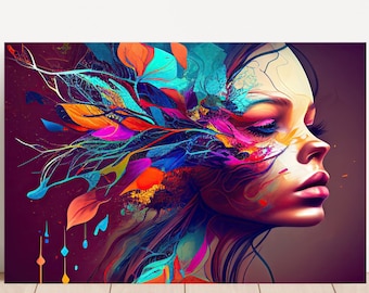 May include: Abstract digital art painting of a woman's face with colorful flowers and leaves covering her eye. The background is a deep purple.