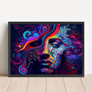 Colorato psichedelico femminile viso AI generato Digital Download, Arredamento della stanza, Arte psichedelica della parete, Opera d'arte AI, 36x24in JPEG, rapporto 3: 2