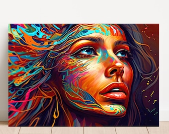 May include: A colorful abstract painting of a woman's face with vibrant blue eyes and a red mouth. The woman's face is covered in intricate patterns of bright colors, including orange, yellow, green, and purple.