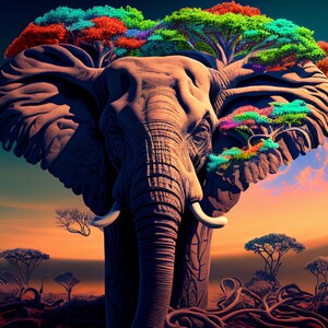 Psychedelic Elephant AI Generated Digital Download, Elephant Art, Nature Art, Wall Décor, Cool Wall Art, Trippy Decor,36x24in JPG, 3:2 Ratio