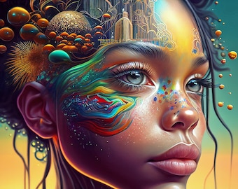Hyperrealism Psychedelic Face AI Generated Art, Psychedelic Art, Female Art, Room Décor, Wall Art, Trippy Wall Art, 36x24in JPEG, 3:2 Ratio