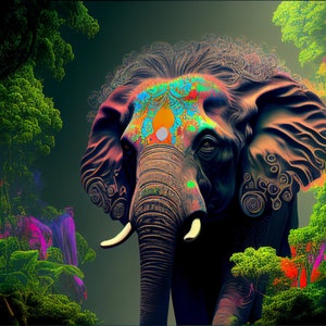 Psychedelic Elephant AI Generated Digital Download, Elephant Art, Nature Art, Wall Décor, Cool Wall Art, Trippy Decor,36x24in JPG, 3:2 Ratio