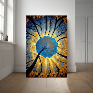 May include: A fisheye lens perspective of a forest canopy with yellow leaves against a blue sky. The trees form a circle around the viewer, creating a sense of being surrounded by nature.