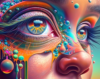 Hyperrealism Psychedelic Face AI Generated Art, Psychedelic Art, Female Art, Room Décor, Wall Art, Trippy Wall Art, 36x24in JPEG, 3:2 Ratio