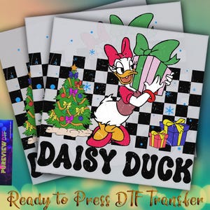 May include: Daisy Duck graphic on a white background with a black and white checkered pattern. Daisy is holding a wrapped gift. A Christmas tree and other gifts are also shown. The text "DAISY DUCK" is below the image.