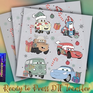 May include: DTF transfer sheets featuring cartoon cars in festive holiday attire. The cars are decorated with Santa hats, scarves, and gifts. The text "Ready to Press DTF Transfer" is at the bottom.