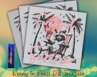 Feral Girl Summer Racon Ready To Press Heat Transfer, Summer Raccoon DTF Transfer, Dtf Transfers, DTF Prints