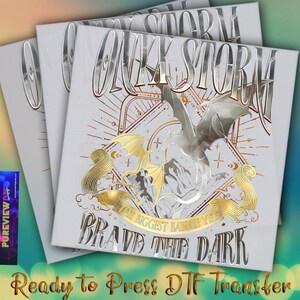 May include: A stack of white DTF transfer sheets with a silver and gold design. The design features a dragon, mountains, and the words "ONLY A STORM" and "BRAVE THE DARK". The phrase "Ready to Press DTF Transfer" is also visible.