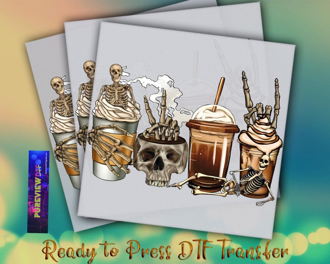 Skeleton Coffee Cups Halloween Ready to Press Heat Transfer, Halloween