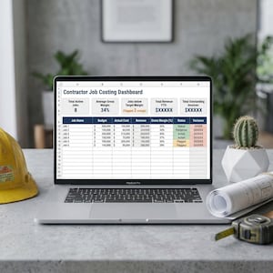 May include: A laptop screen shows a "Contractor Job Costing Dashboard" spreadsheet. A yellow hard hat, a cactus in a geometric pot, rolled blueprints, a tape measure, and a leather tool pouch are on the desk.