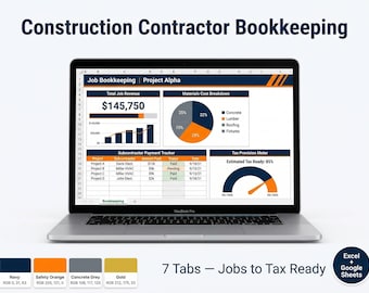 Construction Bookkeeping Spreadsheet | Contractor Income & Expense Tracker, Excel Google Sheets