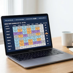 Könnte beinhalten: Ein Laptop zeigt einen Wochenschichtplan mit Mitarbeiter- und Schichtzeiten. Der Bildschirm zeigt ein Raster mit farbcodierten Blöcken für jeden Tag und jede Schicht. Eine weiße Tasse, ein Stift und ein Notizblock liegen auf dem Holztisch.
