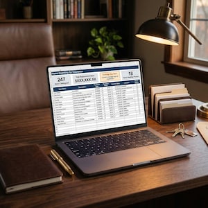 May include: A laptop displaying a home inventory spreadsheet sits on a wooden desk. A leather-bound notebook, a gold pen, and a desk lamp are also on the desk. A leather chair and a bookshelf are in the background.