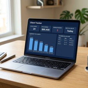 Puede incluir: Un portátil plateado que muestra un panel de control de seguimiento de clientes con datos financieros, incluyendo clientes activos, ingresos totales y facturas vencidas. Un cuaderno, un bolígrafo y una taza de café azul están sobre un escritorio de madera.