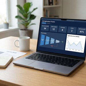 May include: A laptop showing a job application tracker on a wooden desk. The screen displays data visualizations, including a hiring pipeline and weekly application trends. A white mug, notebook, pen, and resume are also on the desk. A plant is visible in the background.
