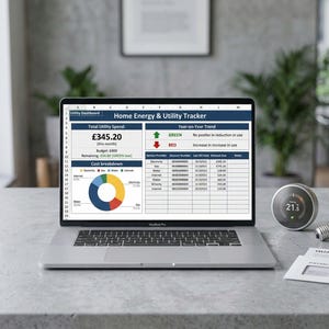 Könnte beinhalten: Ein Laptop zeigt eine "Home Energy & Utility Tracker"-Tabelle mit Gesamtausgaben von £345,20. Ein intelligenter Thermostat zeigt 21,5°C an. Eine Glühbirne und eine Quartalsrechnung liegen ebenfalls auf dem Tisch.