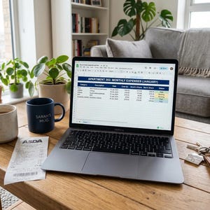 May include: A laptop displaying a spreadsheet titled "APARTMENT 302: MONTHLY EXPENSES (JANUARY)" sits on a wooden table. Beside it are a mug with coffee, a blue mug with "SARAH'S MUG" printed on it, a receipt, and keys. Potted plants and a couch are in the background.