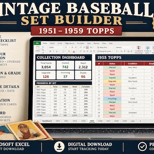 May include: A digital spreadsheet for tracking a 1951-1959 Topps vintage baseball card collection, displayed on a laptop screen. The interface shows a collection dashboard, progress by set, and a 1955 Topps status table with 3,054 cards preloaded.