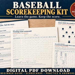 Op de afbeelding: Een honkbal scorekeeping kit met 18 printbare pagina's. De documenten bevatten een beginnersgids, scorekaarten voor het bezoekende team, een veldkaart met genummerde posities en een voorbeeldscorekaart voor drie innings, alles in blauwe en witte tekst.