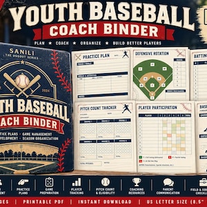 Puede incluir: Una carpeta de entrenador de béisbol juvenil azul oscuro con gráficos de costuras rojas y un logotipo de béisbol y bate. Incluye páginas imprimibles para planes de práctica, rotaciones defensivas y seguimiento de jugadores.
