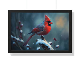 Cardinal Bird on Snow Covered Branch | Framed Wall Art | Framed Print