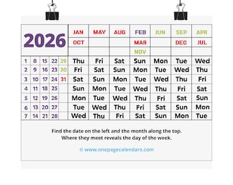 2026 One Page Calendar Poster Matte Horizontal