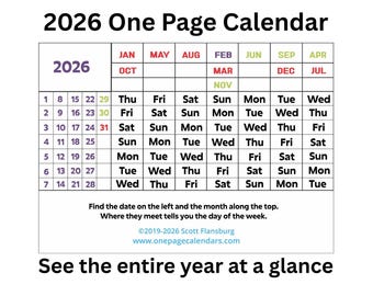 2026 One Page Calendar Printable JPG - See the Entire Year at a Glance.