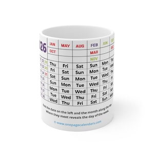 Caneca com Calendário de Uma Página para 2026 | Caneca de Café com Calendário de 325ml (11oz), Referência Perpétua de Datas