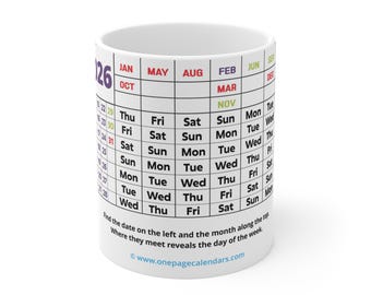 2026 One-Page Calendar Mug | 11oz Calendar Coffee Mug, Perpetual Date Reference