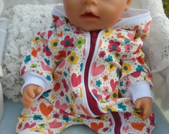 Romper for your doll, doll suit with hood "flowers + hearts" for doll size around 43 cm, Oeko-Tex Standard 100