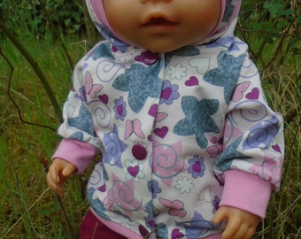 Doll jacket with trousers, hooded jacket "Butterflies + Little Hearts" for a doll size of around 43 cm. Oeko-Tex Standard 100