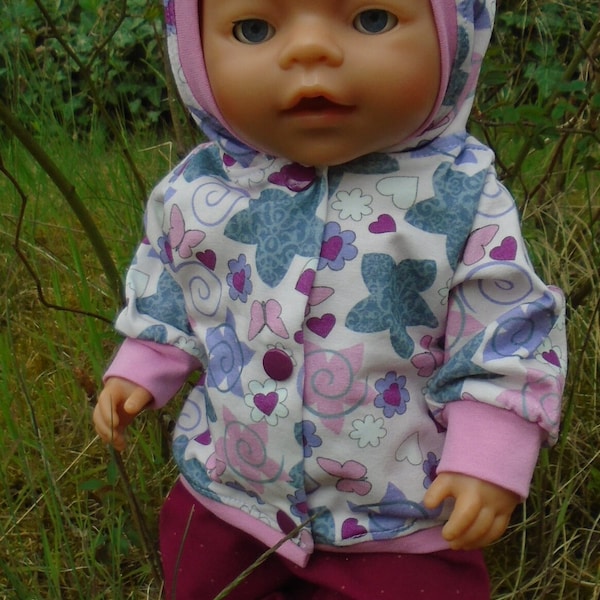 Doll jacket with trousers, hooded jacket "Butterflies + Little Hearts" for a doll size of around 43 cm. Oeko-Tex Standard 100