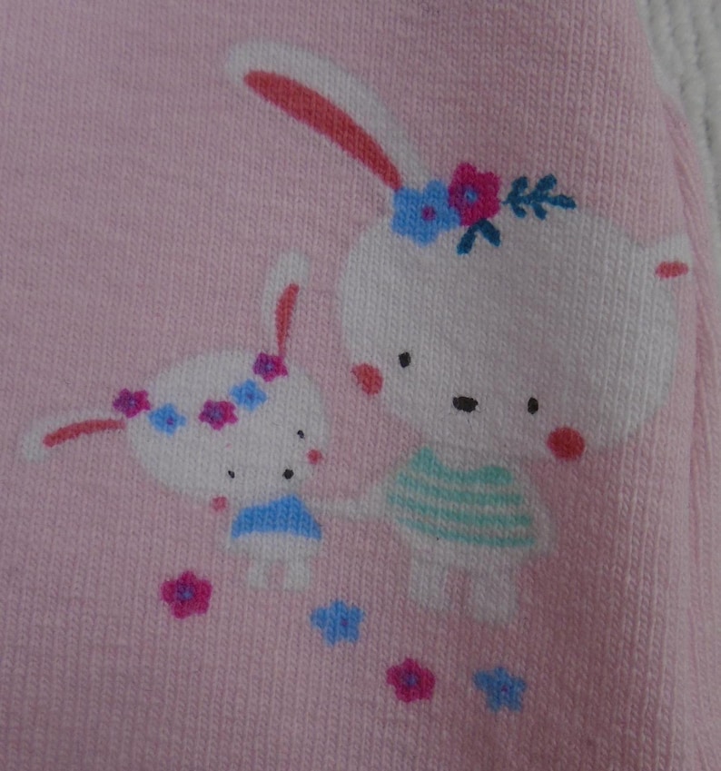 Puede incluir: Tela rosa con una ilustraci&oacute;n de dibujos animados de dos conejos blancos con coronas de flores. El conejo m&aacute;s grande lleva una camisa a rayas azules y verdes. Flores rosas, azules y moradas est&aacute;n esparcidas.