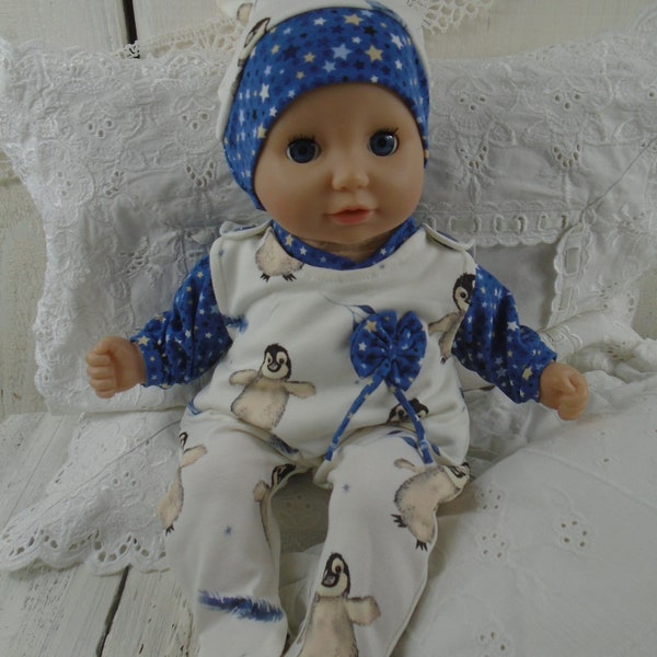 Barboteuse avec pieds attachés, chemise + bonnet "Bébés Pingouins" pour poupée d'une taille d'environ 36 cm. Norme Oeko-Tex 100