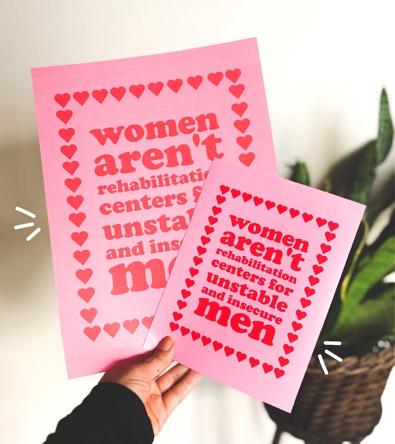 Women Aren't Rehabilitation Centers - PHYSICAL PRINT - Feminist Wall Art - Feminism Gifts For Her - Women's Rights Print - Red and Pink image 1
