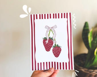 Strawberry Bow Print - Fruit Art Print - Aesthetic Art - Kitchen Print - Red Bows - Strawberry Poster -Strawberry Decor -PHYSICAL PRINT