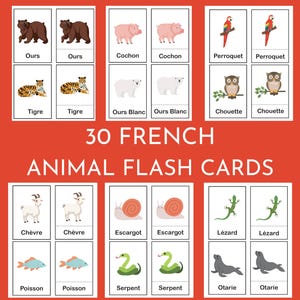 Cartões de memória flash de animais franceses para crianças - Cartões de correspondência de animais Montessori - Atividade de educação domiciliar bilíngue em francês - Cartões PDF para impressão
