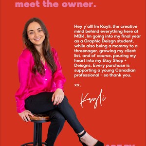 May include: A woman in a pink blouse and black pants sits on a stool against a red background. Text reads "meet the owner" and "MADE BY KAYLI CO." The image is a promotional graphic for an Etsy shop.
