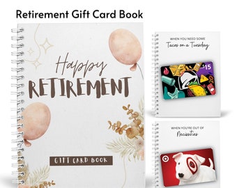 May include: A 4.5x6 inch gift card book with a white cover featuring the text "Happy Retirement" and a watercolor illustration of balloons and leaves. The book has 36 pages for gift cards. The text "gift cards not included" is printed below the book.