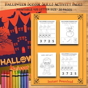 Halloween Scissor Skills Cut and Paste Activity Book for Kids Ages 3-6 | 30 Printable Pages | Instant Download | Mazes, Word Search, Puzzles