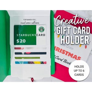 May include: A white and green gift card holder with multiple slots containing a Starbucks card with $20 printed on it. The text reads FOR WHEN YOU... need some caffeine. Beside it is a red card with the text Creative GIFT CARD HOLDER.