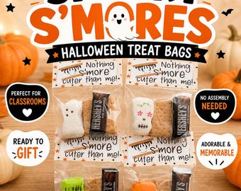 May include: Four clear plastic treat bags containing a marshmallow, a graham cracker, and a Hershey's milk chocolate bar. Each bag has a white topper with the text "Nothing s'more cuter than me!" and a graphic of a s'more with a face.